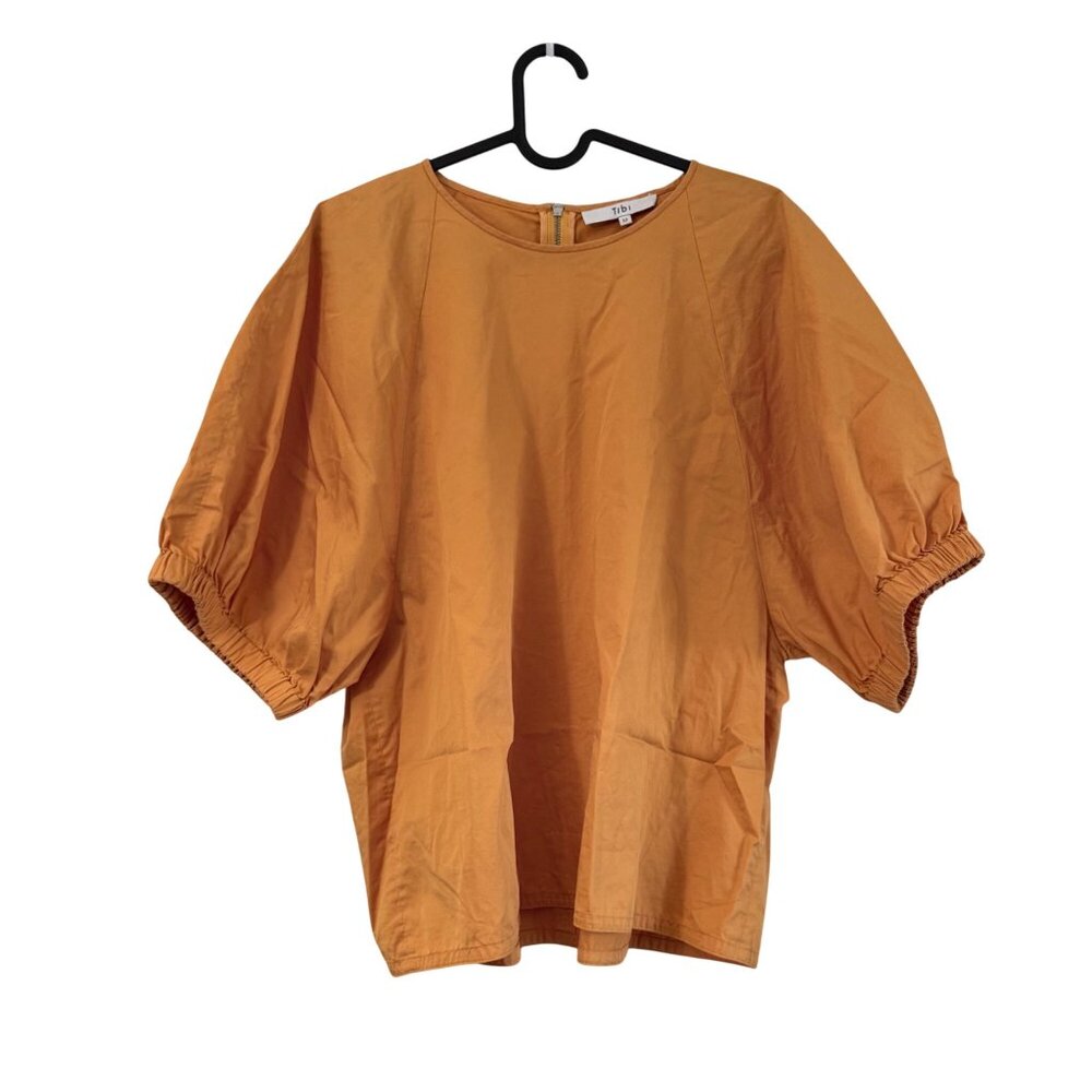 Tibi Orange Poplin Back Zip Puff Short Sleeve Blouse Womens Size 12 - Picture 2 of 7